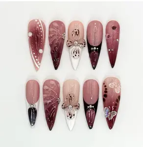 Burgundy Floral 3D Press On Nails, Floral Design with Rhinestones, Floral Accents And Pearl Details, Stylish & Trendy Nail Design