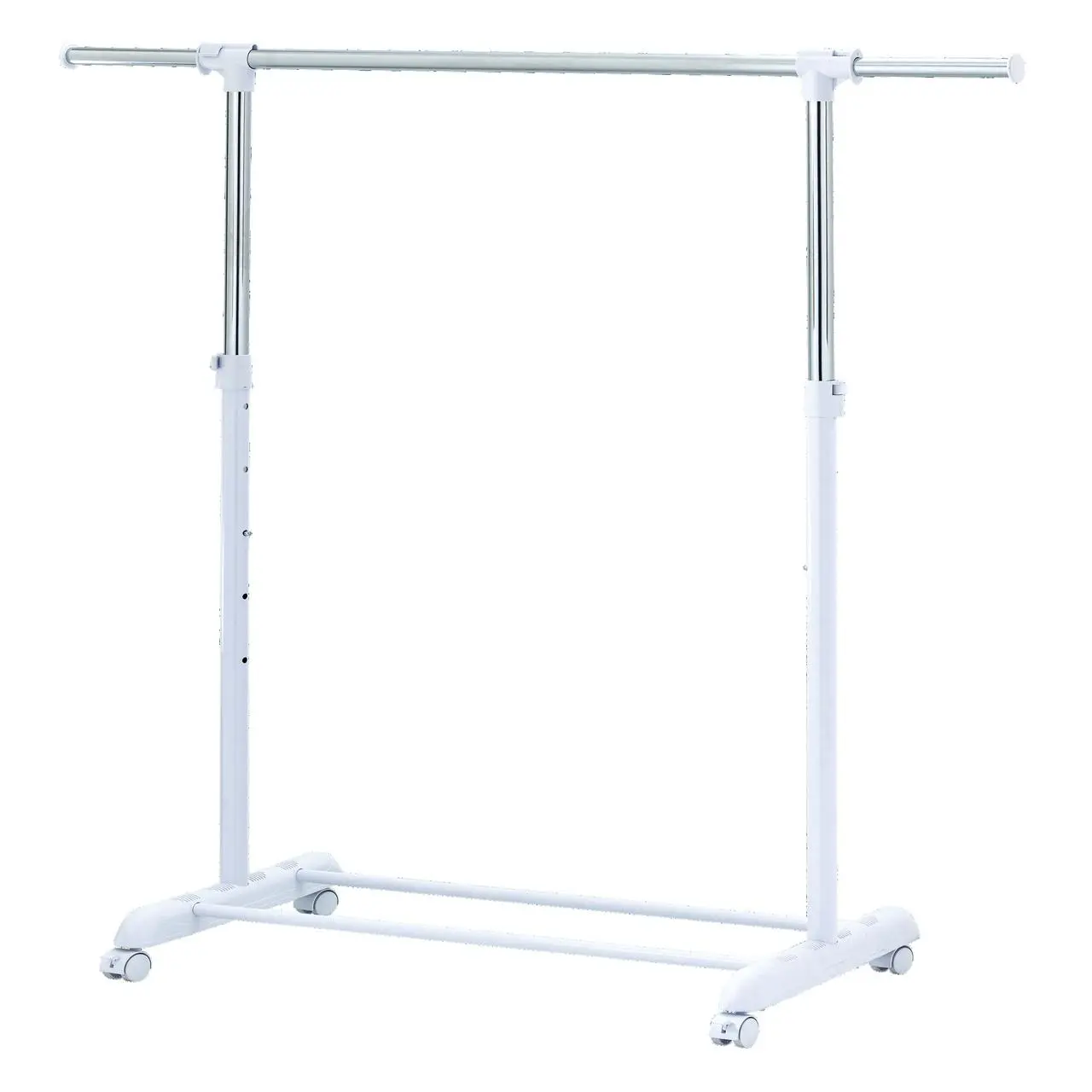 Metal Versatile Adjustable Chrome and White Rolling Garment Rack Stand with Rolling Base - 84-121Wx44Dx123.5-163Hcm, Practical Convenience Home Laundry Clothing Dryer Single Unit for Organized Storage