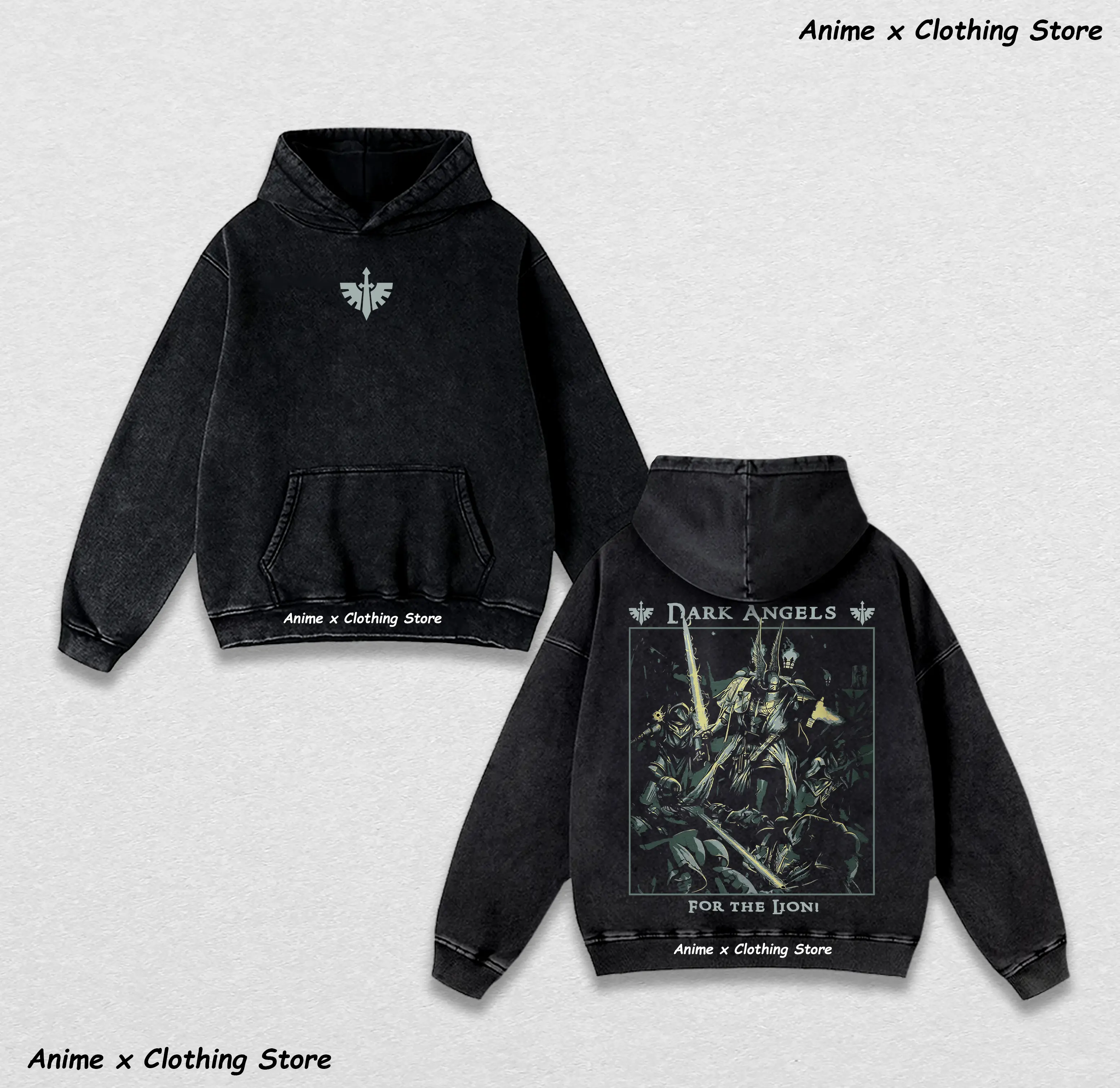 Dark Angels Washed Heavyweight Hoodie, Marines Graphic Hoodie, Adeptus Astartes, Lion El'Jonson Primarch, Wargamer Hoodie, Grimdark Wargame Universe Top Fabric