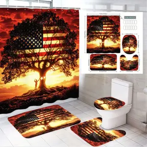 4pcs Patriotic Tree & American Flag Bathroom Set, Vibrant Shower Curtain, The floor mat fabric is thicker and softer! Coordinated Bath Mat & Toilet Seat Cover, Ideal for Independence Day