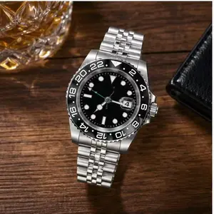 Dual Time Zone Business Dress Watch, Black Dial Calendar Waterproof Automatic Timepiece for Men