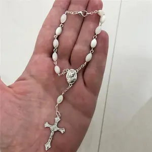 Auto Car Rearview Mirror Rosary Pearl Beads, Jerusalem Holy Soil Medal & Cross