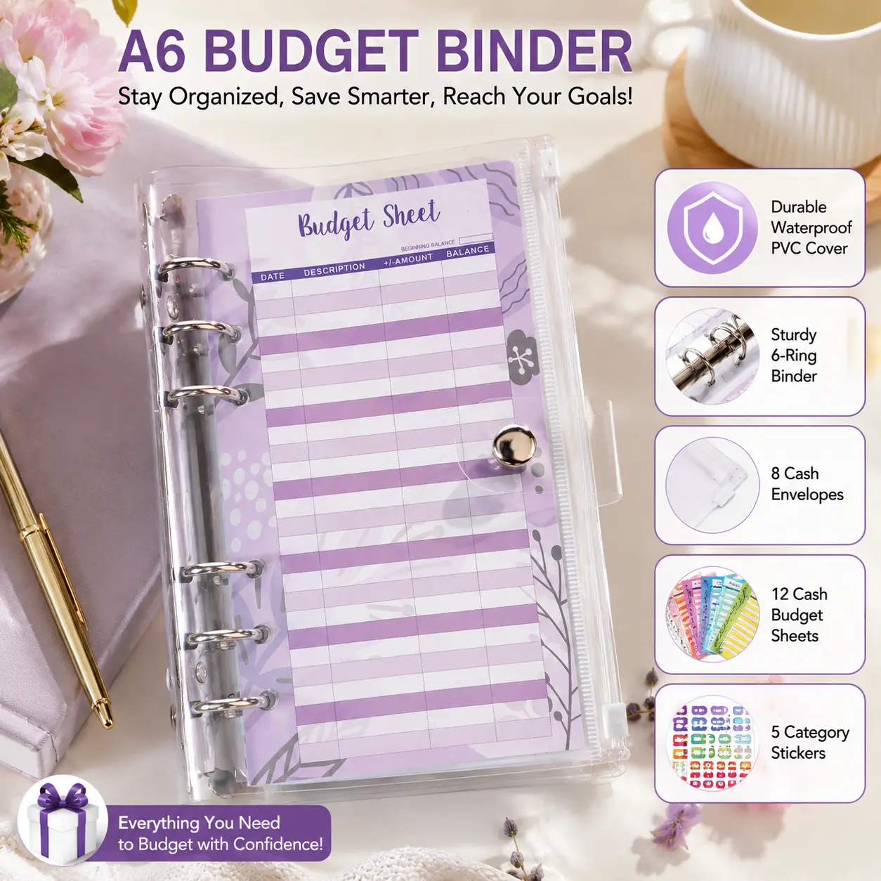 A6 Budget Binder Set with Cash Envelopes, Budget Sheets & Category Stickers, Clear PVC Budget Planner Organizer for Cash Stuffing and Money Saving