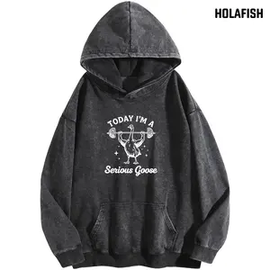 Holafish Women's Acid Wash Mood Slogan Print Vintage Hoodie Oversized Loose Warm Winter Streetwear Tunic 2026 New