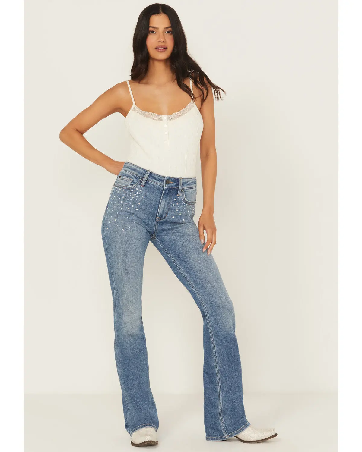 Legend Medium Wash High Rise Rhinestone Studded Bootcut Super Stretch Denim Jeans