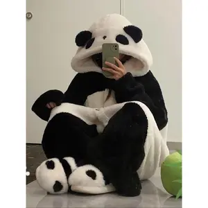 1 set of men's winter cartoon panda pajamas, long flannel pajamas, thick home clothes, ideal gift for Thanksgiving and ChristmasRAIMENTRY