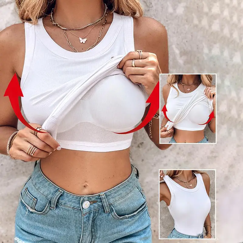 Chicme Round Neck Ribbed Tank Top With Bra Pads