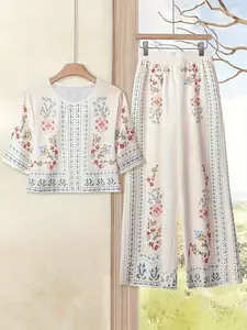 Vintage Floral Print Set, Medium Sleeve Top & High-Waisted Wide-Leg Pants, Comfortable Casual Summer Two-Piece Set