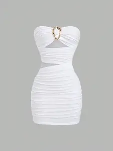 Women's Sexy Fitted Strapless Metal Buckle Mini Dress