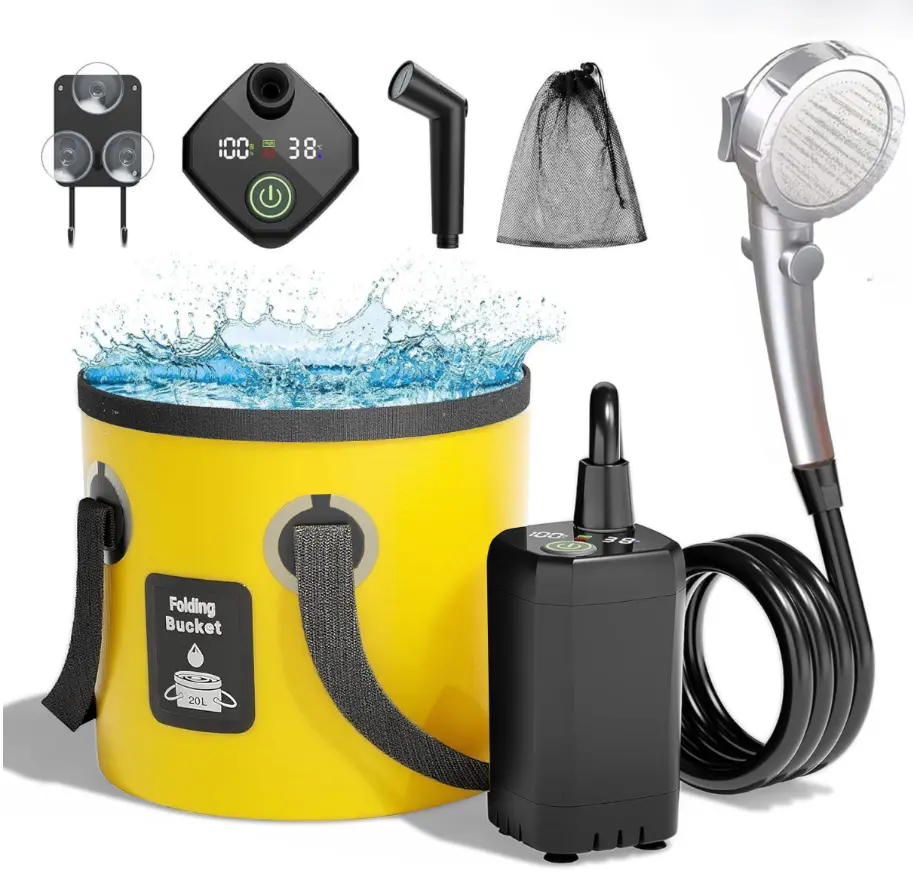 Portable Camping Shower Kit, Rechargeable Shower Pump with LED Temperature Display, Adjustable Shower Head & Collapsible Bucket for Camping, Travel, Beach, Pet Washing & Car Cleaning