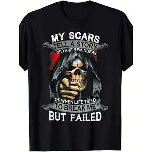Men'S Vintage Gothic "My Scars Tell A Story" Graphic T-Shirt - 100% Breathable Crew Neck, Edgy Skull & Bandaged Wound Design with Inspirational Quote, Regular Fit Casual & Festival Wear, Machine Washable All-Season (S-5XL) - Statement Tee for Men