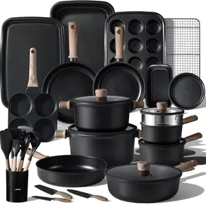 CAROTE - 44pcs Nonstick Kitchen Titanium Cookware Sets Nonstick Pots and Pans Induction Cookware Set Kitchen Cooking Sets Non Stick w Frying Pan Black Aluminium