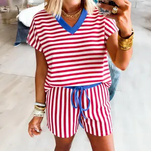 MULLVEIG Women's Stripe Colorblock Trim V Neck Tee Drawstring Elastic Waist Short Set 4th of July Independence Day Patriotic Casual Summer Loungewear Two-Piece Outfit Womenswear Clothes