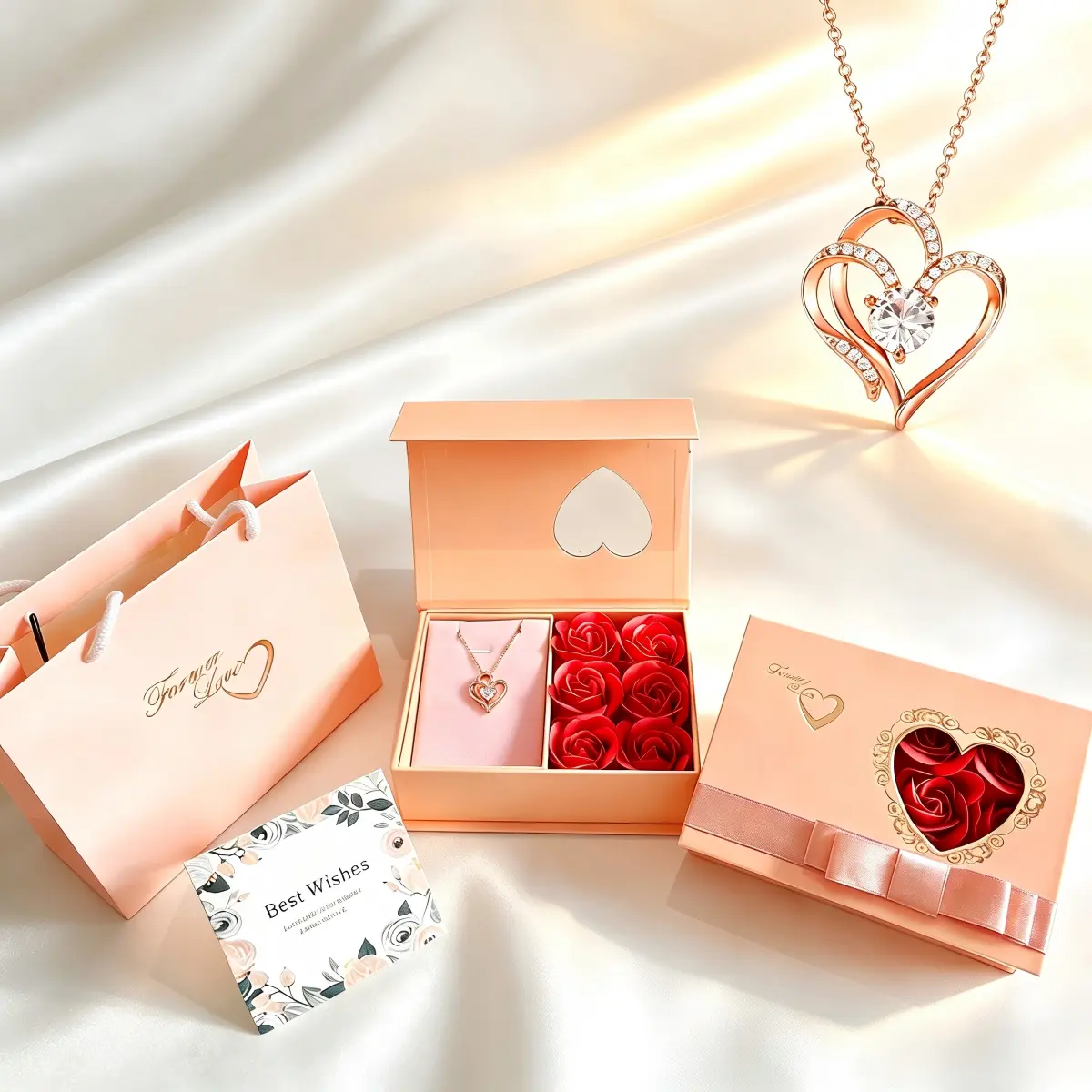 Women's Rose Gold Adjustable Double Heart Locket Matching Set Box Necklace, Ideal for Mother's Day & Birthday Gifting, Rose Heart Costume Jewelry Accessory, Heart Locket Necklaces, Matching Set Necklaces