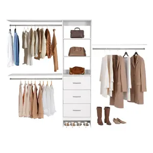 Closet System With 3 Drawers, Adjustable Height Wooden Closet Organizers, Modern Walk-In Wardrobe Organization With 3 Retractable Clothes Hanger Rods, Freestanding Garment Rack Storage, White, Durable Home Storage Design