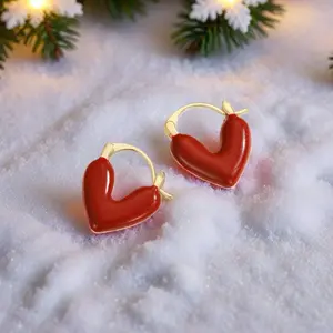 2024 Thanksgiving Burgundy Red Cute Enamel Heart Design Dangle Earrings for Women & Girls, All-match & Exquisite Jewelry for Christmas & Birthday Gift