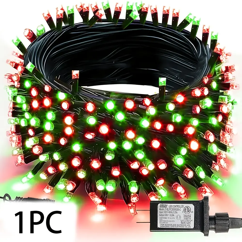 Red-Green Plug-In Christmas Tree Lights - Single Pack, 300 LEDs, 104 ft, 8 Modes, Indoor-Outdoor Festive Decor for Halloween, Parties, Home Supplies
