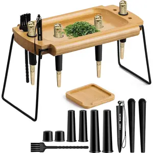 Foldable Wooden Complete Rolling Tray Kit with Cones Loader, Cone Filler, Smell Proof Tube & Pre-Roll Machine (Brown-Double Hole)