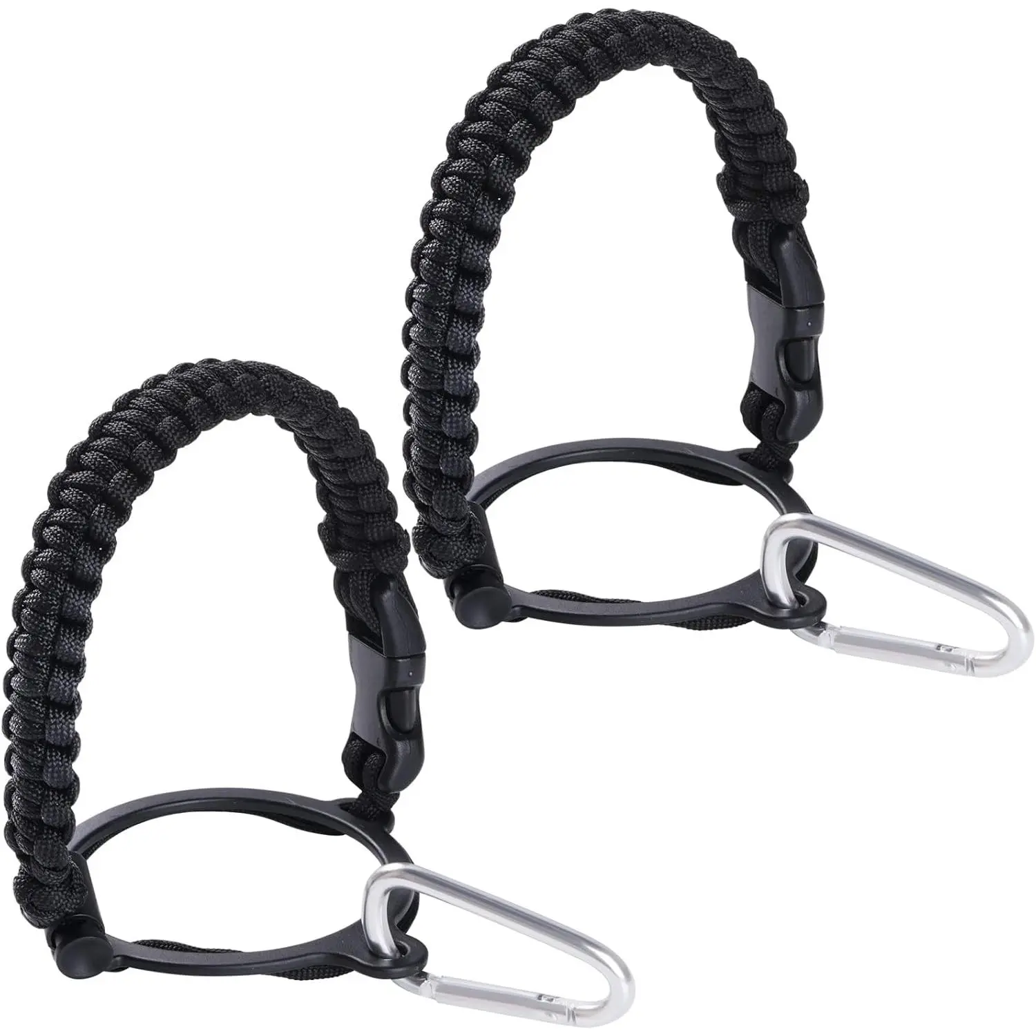 2-Pack Synthetic Paracord Handles for Wide Mouth Bottles & Flasks (12oz-64oz) - Kitchenware Drinkware Accessory with Carrier Cord, Safety Plastic Ring, Carabiner, Black for Shopping, Walking