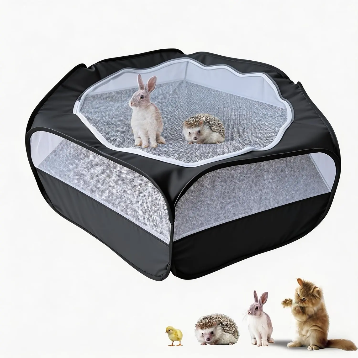 Black Small Animal Playpen with Zippered Mesh Cover - Fold Flat, Easy Storage, Instant Setup, Double-Stitched Seams, Portable Indoor-Outdoor Enclosure for Bunnies, Guinea Pigs, Chinchillas (Chicken Brooder Box), Ferrets