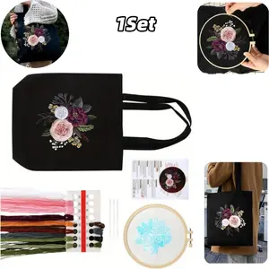 Embroidery Set for Adults, Including Canvas Bag with Floral Pattern, Instruction Manual, Embroidery Frame, Colored Thread and Needle, Fashion Accessories for Beginner Fabric Colorful