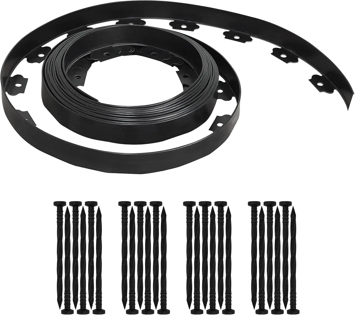 No-Dig Plastic Landscape Edging Kit, 1.5 inches x 20 ft Sturdy Flexible Durable Coil with 24 Spikes, Easy-to-Install Lawn Border for Garden Raised Beds & Flower Beds