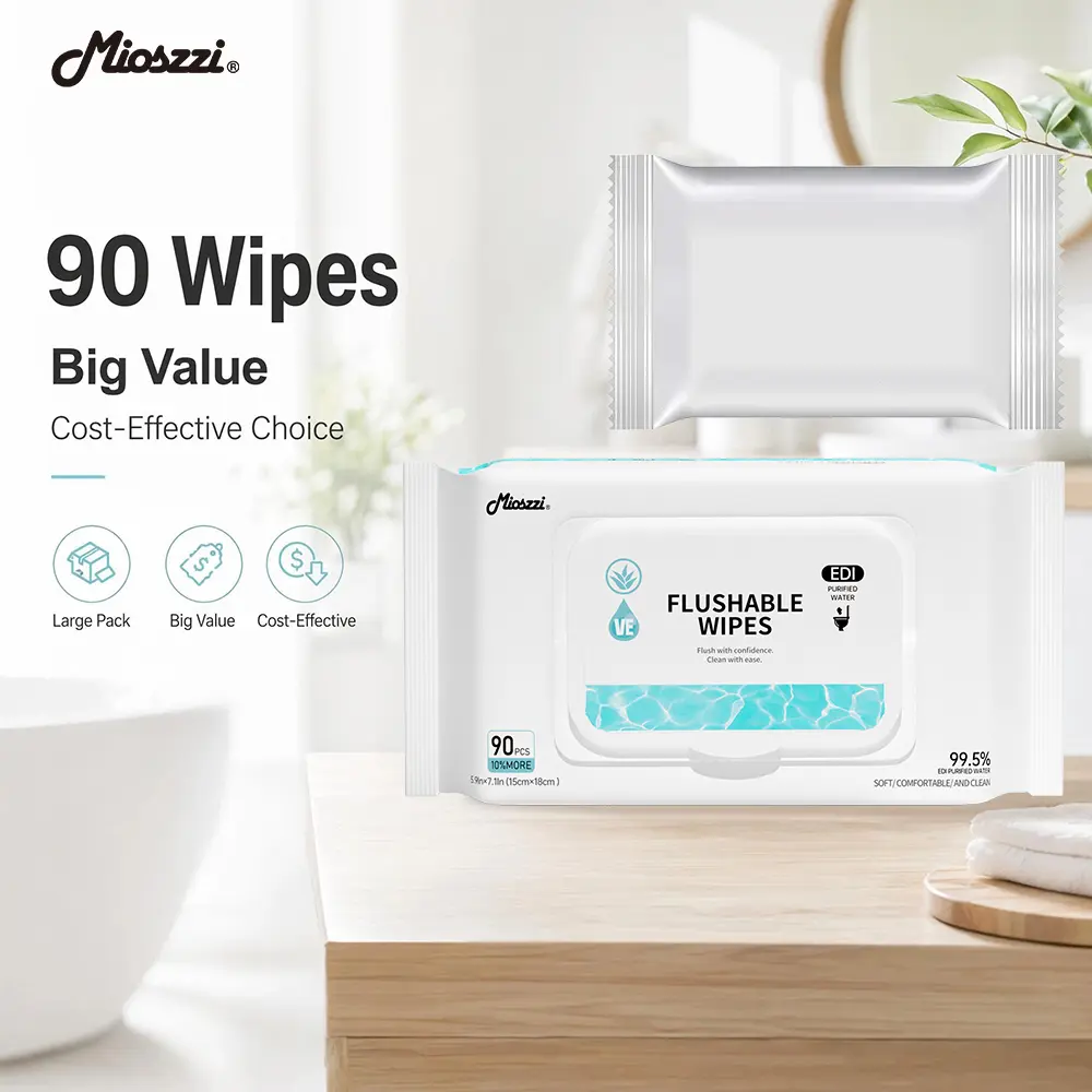 Mioszzi Flushable Cotton Cleaning Wipes - 90-Count Single Pack, 15x18cm Large Smooth Sheets, Enriched with Vitamin E, 99.5% EDI Purified Water, Comfortable Gentle Disposable Wipes for Adult Daily Toilet Use