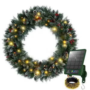 KPCB Tech Solar Wreath with 250 LED Lights, 48 inch Large Christmas Wreath with Solar Lights 8 Mode, Outdoor Lighted Christmas Wreath for Home Wall Decor Party Decorations