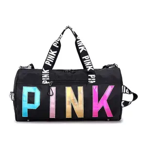 Pink Laser Logo Waterproof Women Travel Bag Sports Gym Holdall Bag Overnight Weekend Carry Travel Bag Hand Luggage