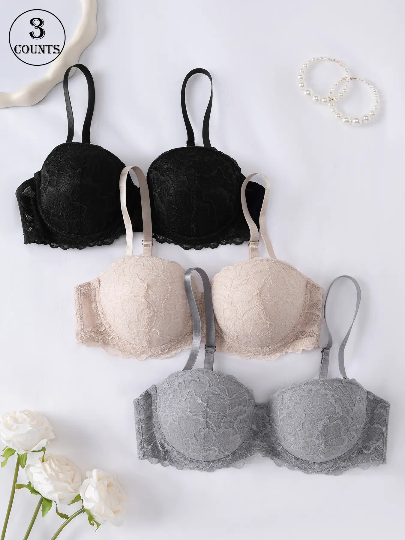 3-piece set of solid color high-quality bras, sexy lace women's underwear, elegant, breathable, and comfortable on the skin, one-piece with underwire and hook-back design, back-smoothing, yoga sports push-up bra, adjustable straps women's lingerie