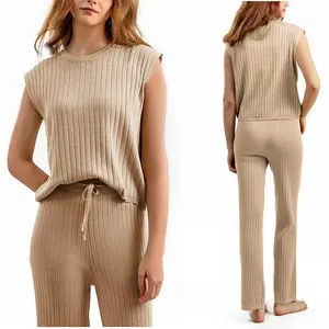 Kingapril Women's 2 Piece Knitted Set Summer Outfits Pullover Sleeveless Vest High Waist Wide Leg Trousers Casual Suit Sportswear