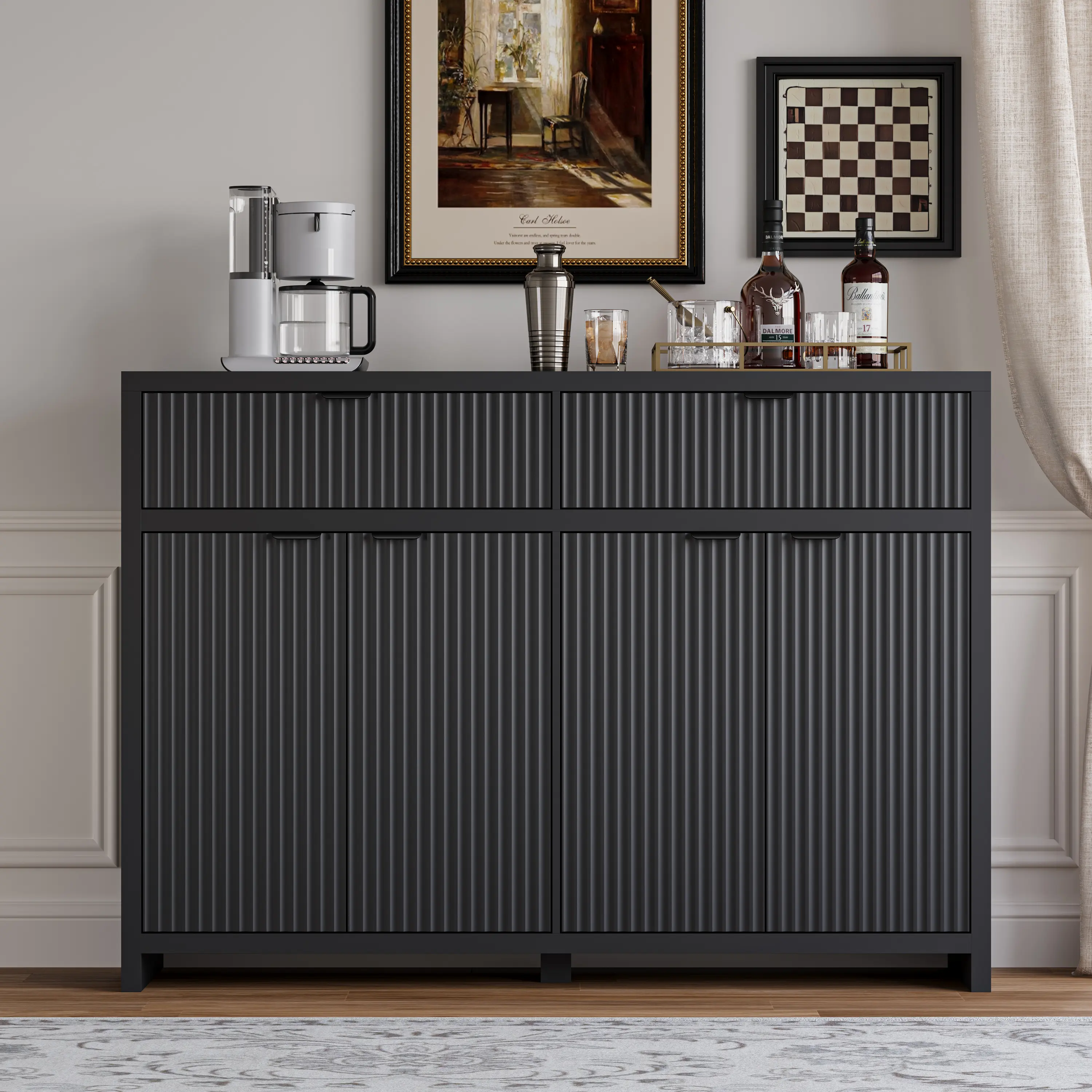 Fluted Sideboard Buffet Cabinet with Storage Drawers, 55" Large Accent Storage Cabinet with Doors and Adjustable Shelf, Modern Farmhouse Credenza for Entryway, Kitchen, Living Room - White fathers day gift ideas