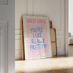 You're Like Really Pretty Guest Check Print Pink And Blue Wall Art Prints Poster Girly Dorm Decor Bedroom Print Aesthetic Pink Art Gift Photo