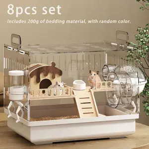 Luxury Hamster Cage Villa, Transparent Acrylic Habitat Box, Sturdy and Durable, Includes 200g Random Color Bedding, Proper Hamster Cages