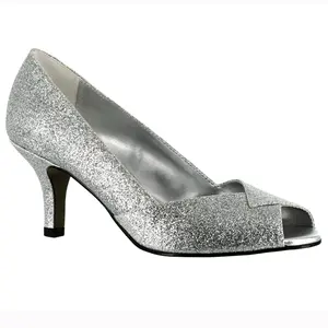 Easy Street Womens Ravish Glitter Peep Toe Stiletto Pumps Dress Casual Mid Heel 2-3" - Silver
