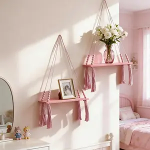 Bohemian Macaron Wooden Bead Tassel Hanging Wall Shelves, Kids’ Room Home Decor Storage Rack, Plant Display Shelf