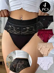 4pcs Elegant Floral Lace Women'S Underwear, Breathable, Lightweight And Comfortable Nylon Blend Underwear, With Fan-shaped Edges