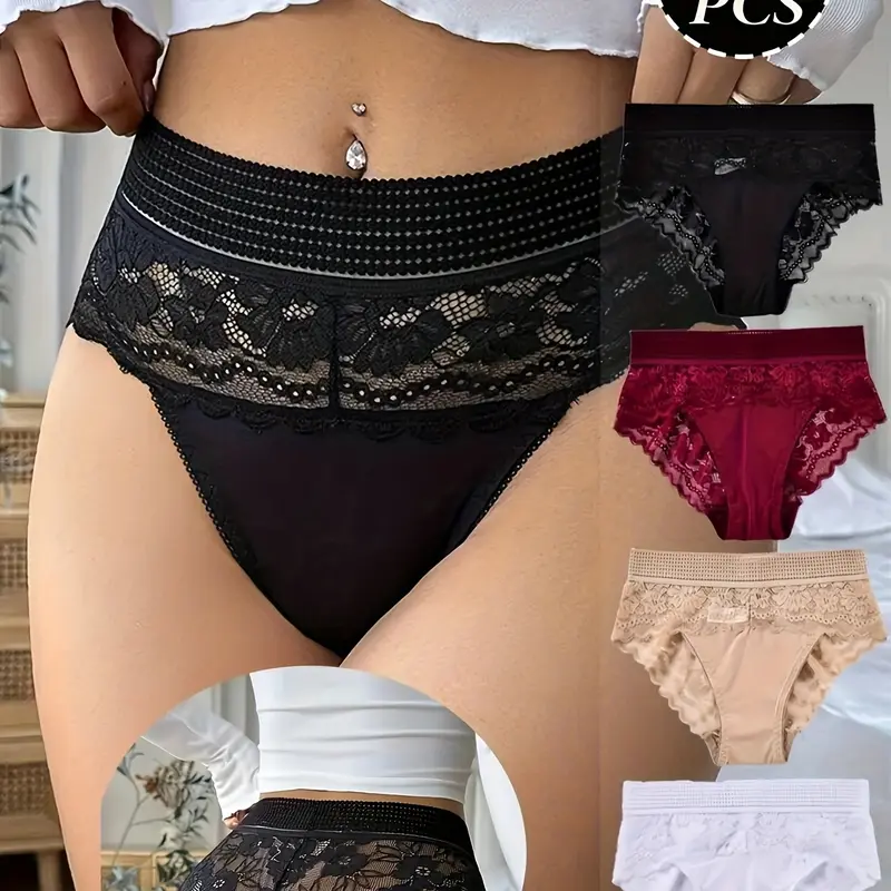 4pcs Elegant Floral Lace Women'S Underwear, Breathable, Lightweight And Comfortable Nylon Blend Underwear, With Fan-shaped Edges