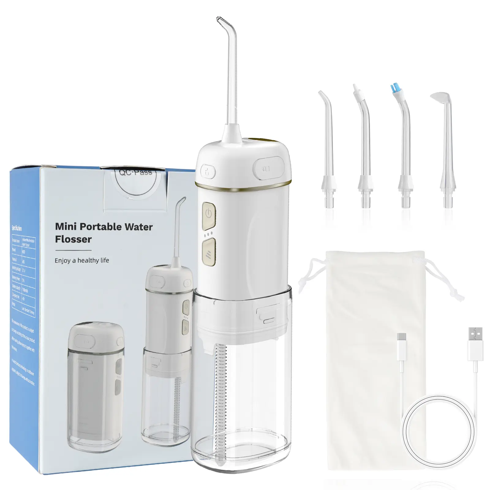 Hibbent Mini Portable Cordless Water Flosser - Rechargeable High Pressure Oral Irrigator, IPX7 Waterproof, 3 Modes, 4 Jet Tips, Orthodontic Cleaning Spray Water Jet Dental Irrigator for Braces Care, Sensitive Teeth, Orthodontic Cleaning Oral Irrigators