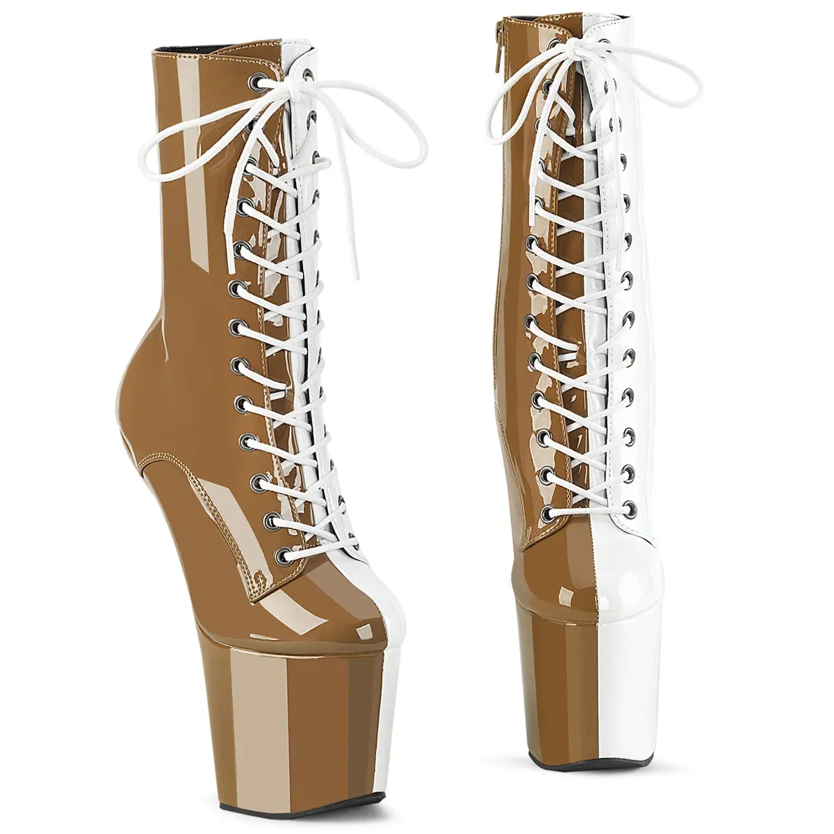 Women's Extreme Heelless Ankle Boots with an 8-Inch Platform, 2-Tone Taupe Patent Lace-Up Design & Side Zipper, Footwear