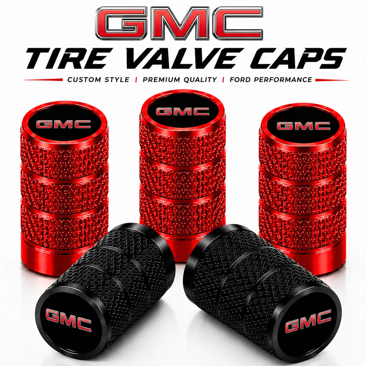 Premium 5 Pack Aluminum Alloy Tire Valve Stem Caps with Rubber Seal For GMC Sierra Yukon Acadia Terrain Canyon Savana Anti-Rust Dustproof Airtight Leak-Proof Tool-Free Install Heavy Duty Truck SUV Exterior Upgrade Parts