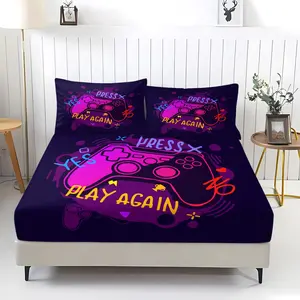 3pcs Neon E-Sports Gaming Controller Print Fitted Sheet Set, Breathable, Wear-Resistant, And Adjustable Personalized Bedding Set. A Washable Mattress Cover Protector for Cyberpunk Style Bedroom Decor, Available in Multiple Sizes