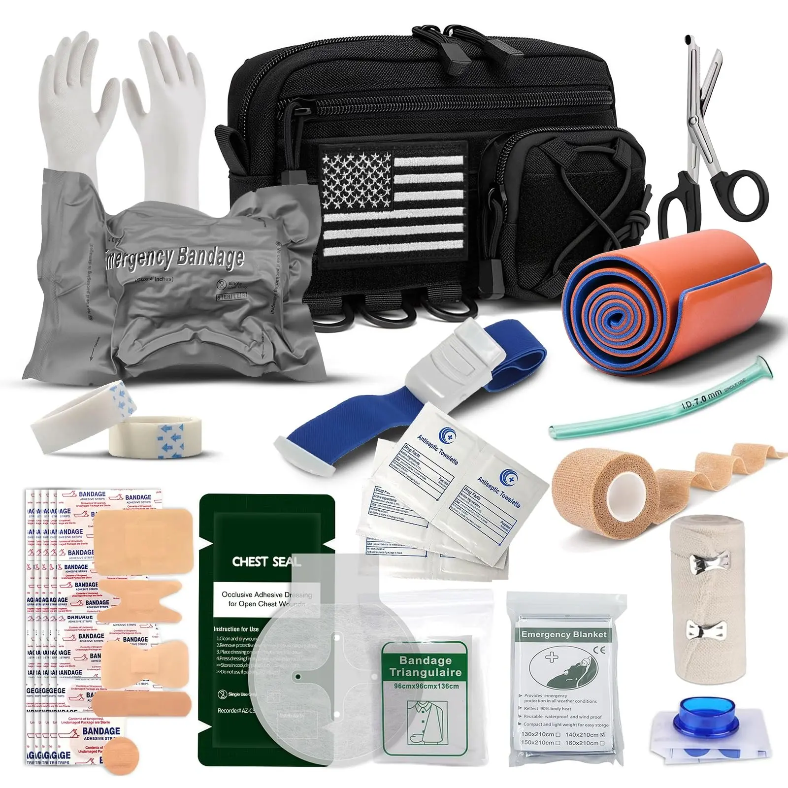 AQzxdc Survival First Aid Kit with Israeli Bandage, Chest Seal, Tourniquet, Splint, Tactical IFAK Emergency Trauma Kit for Wound Care, Bleeding Control, Trauma Hemorrhage and More