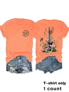 Women's Butterfly & Skeleton Print Round Neck Short Tee, Casual Streetwear Top, Fashion Casual Fitted Crew Neck T-shirt for Daily Holiday Vacation Outdoor Wear, Ladies Clothes for Summer, Womenswear