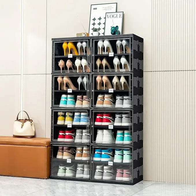 JEKO&JEKO 8 Tiers 32 Pairs Foldable Shoe Rack Organizer Cabinet for Closet Entryway, Large Collapsible Shoe Storage Box with Magnetic Doors (Black)