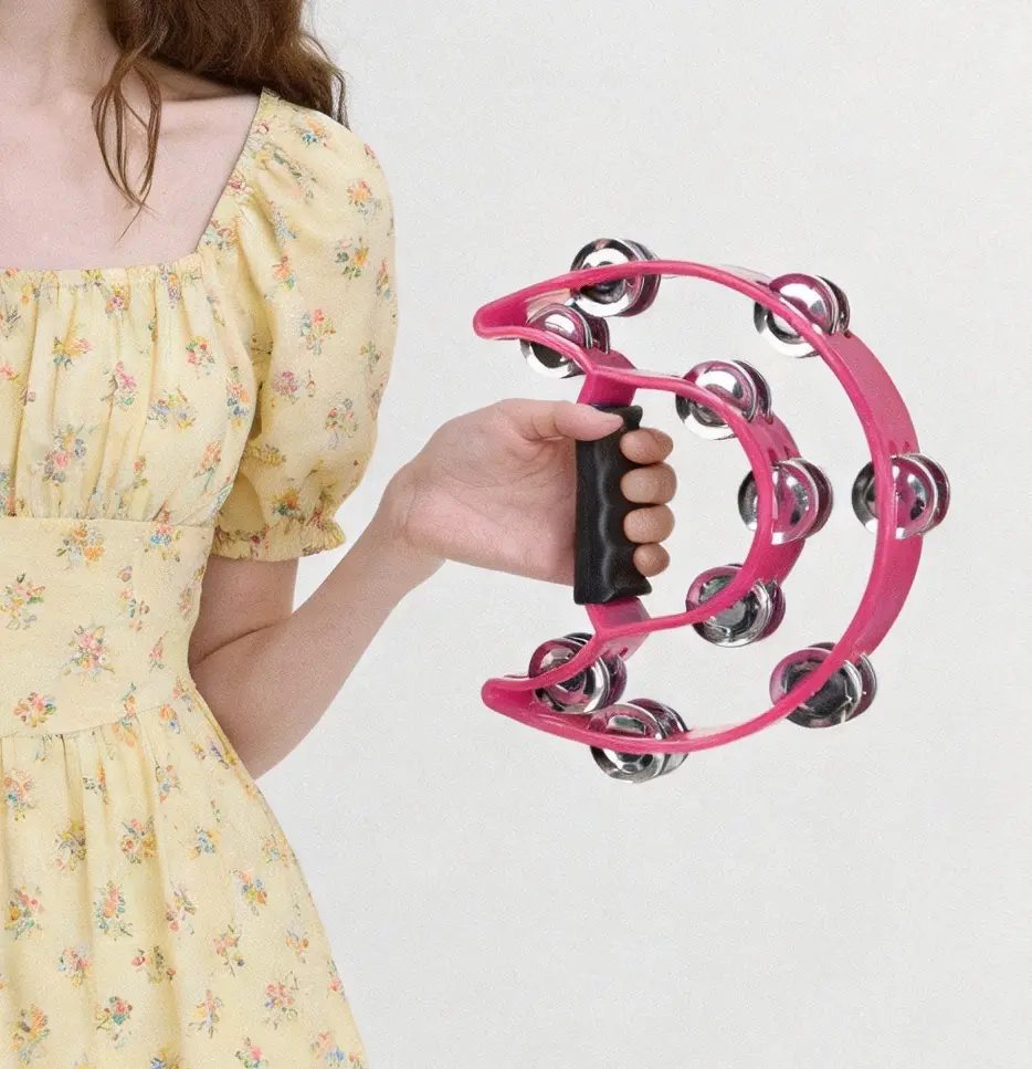 Kids Half Moon Tambourine - Double Row Metal Jingles Hand Percussion Instrument, Child-Friendly Design for Preschool Activities, Coordination Enhancement | Pink/Black