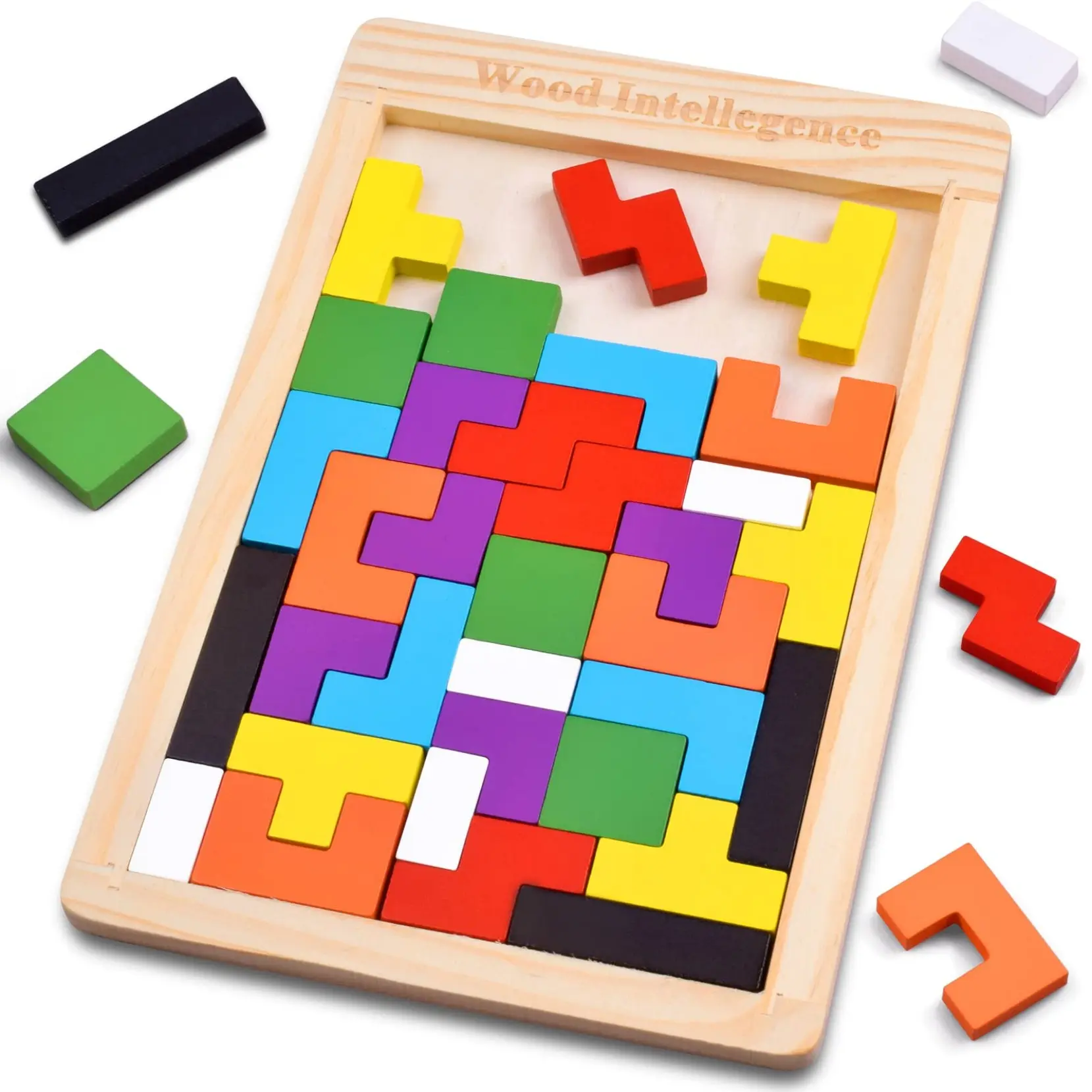 Natural Wood Puzzle Toy Wooden Jigsaws for Kids Ages 3-10, Thick Colorful 3D Russian Blocks & Smooth Sanded Brain Teaser Tangram, Beginner STEM Intelligence Educational Festival Gift for Boys Girls