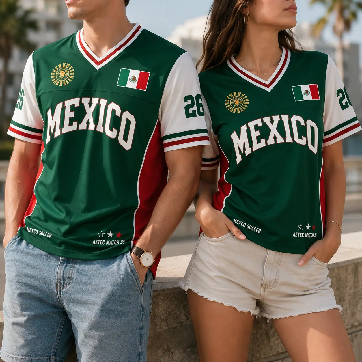 Unisex Retro Color Block Aztec Badge Mexico V-Neck Football Fan T-Shirt - Green White Red Sports Top for Men Youth Daily Casual Game Day