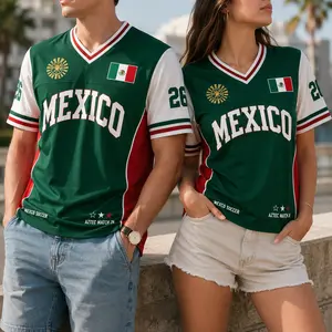 Unisex Retro Color Block Aztec Badge Mexico V-Neck Football Fan T-Shirt - Green White Red Sports Top for Men Youth Daily Casual Game Day