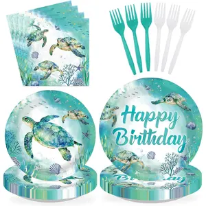 96Pcs Sea Turtle Birthday Party Decorations Coastal Green Turtle Starfish Seashell Coral Plates and Napkins Tableware Sets Ocean Themed Supplies for Under the Sea Beach Turtles Parties